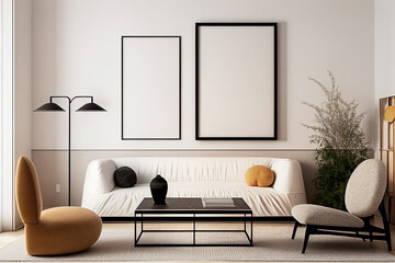 Mockup poster frame on the wall of living room. Luxurious apartment background with contemporary design. Modern interior design. 3D render, 3D illustration