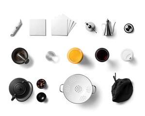 Kitchen utensils isolated on transparent background, top view.