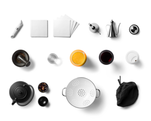 Kitchen utensils isolated on transparent background, top view.