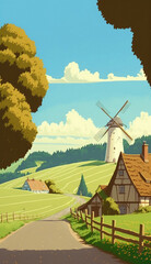 Rural Landscape, a farm and windmill, illustration. made with generative AI