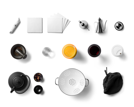 Kitchen utensils isolated on transparent background, top view.