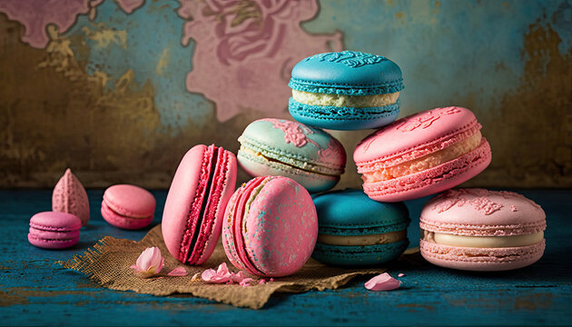 Many colorful macaroons on dark background. Sweets for any celebration. Generative AI
