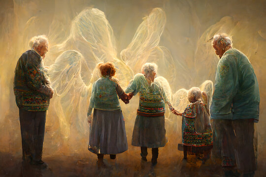 grandchildren, boys and girls, reunite with the guardian grandparents, nana and papa, who are now angels in heaven, protecting their family from above