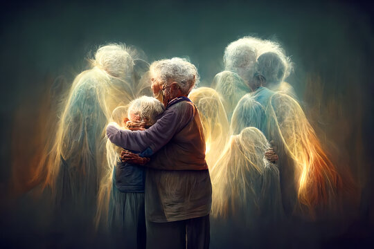grandchildren, boys and girls, reunite with the guardian grandparents, nana and papa, who are now angels in heaven, protecting their family from above