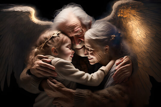 grandchildren, boys and girls, reunite with the guardian grandparents, nana and papa, who are now angels in heaven, protecting their family from above