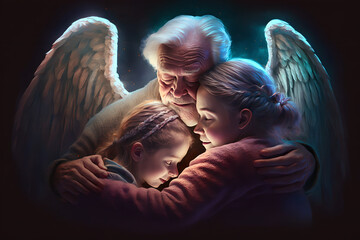 grandchildren, boys and girls, reunite with the guardian grandparents, nana and papa, who are now angels in heaven, protecting their family from above - obrazy, fototapety, plakaty