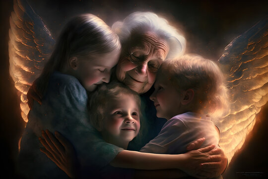 grandchildren, boys and girls, reunite with the guardian grandparents, nana and papa, who are now angels in heaven, protecting their family from above