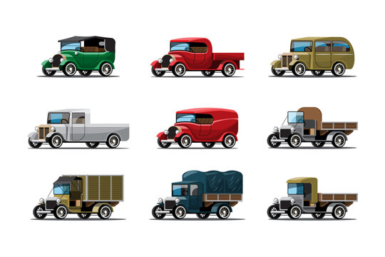Set of three types of work cars in vintage design