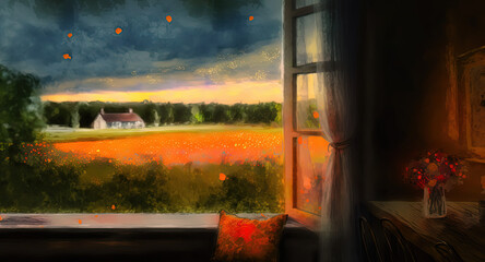 A summer evening in the countryside, seen from the porch of a rustic cottage. Generative AI.