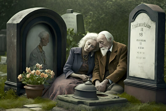 An elderly couple, senior citizens, very old and fragile, visit the grave of their loved ones, friends that passed away, sad and crying, taking comfort with eachother, together in grief