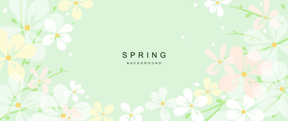 Spring abstract vector background with flowers, green branches and leaves. Art illustration for graphic and web design, presentation, wallpaper, poster, banner, card, print, packaging, beauty 