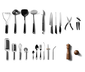 Kitchen utensils isolated on transparent background, top view.