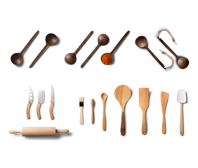 Kitchen utensils isolated on transparent background, top view.