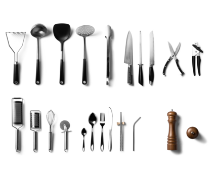 Kitchen utensils isolated on transparent background, top view.