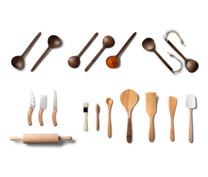 Kitchen utensils isolated on transparent background, top view.