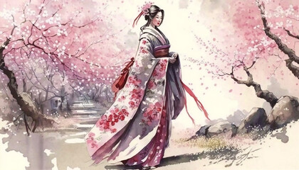 Fototapeta premium Geisha Walking Amidst Cherry Blossoms | Generative AI