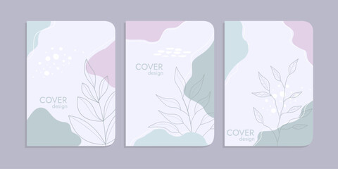 set of book cover designs with hand drawn floral decorations. abstract boho botanical background A4 size pastel blue color For book, binder, diary, planner, brochure, notebook, catalog