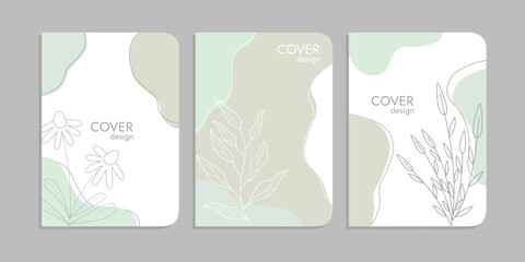 set of book cover designs with hand drawn floral decorations. abstract boho botanical background A4 size pastel blue color For book, binder, diary, planner, brochure, notebook, catalog