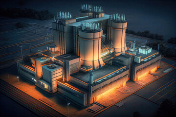 Night View of the thermonuclear power plant for fusion power generation that powers an imaginary super-future city. Generative Ai