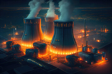 Night View of the thermonuclear power plants supplying power to the imaginary super-future city. Generative Ai