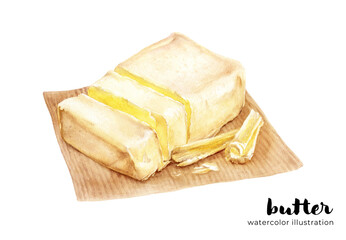 Watercolor stick of butter hand drawn illustration isolated background. Butter, margarine, spread, dairy products.