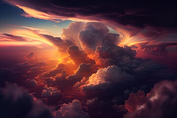 Beautiful sunset view above the clouds. Generative AI