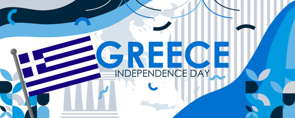 greece independence day banner with greek flag colors theme background and geometric abstract retro modern design. Multiple landscapes of greece, celebration of independence day.
