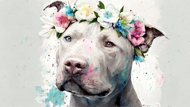 Pitbull wearing flower crown, pet, watercolor, generative ai