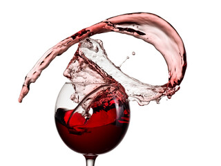 Red wine glass splash, close up on white background - 572640136