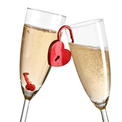 Two champagne glasses with a red heart padlock, close up