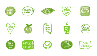 Non GMO labels. GMO free icons. Eco, vegan, bio hand drawn tag. Organic cosmetic. Healthy food concept. Beauty product package. Sustainable life. Vector illustration - obrazy, fototapety, plakaty