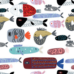 Seamless children's pattern with funny fish. Creative Scandinavian children's texture for fabric, packaging, textile, wallpaper, clothing. Vector background illustration .