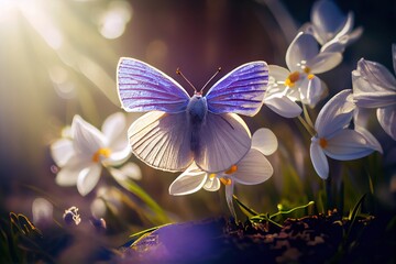 Soft focus scenery of Butterflies and Flowers. Generative AI