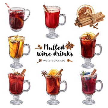 Watercolor illustration of Christmas mulled red wine set isolated  background. Glasses of mulled wines.