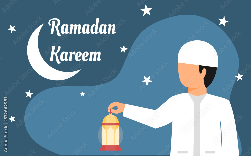 Wall mural RAMADAN KAREEM WISHES DESIGN WITH A MUSLIM HOLDING A LANTERN IN FLAT DESIGN. SUITABLE FOR BACKGROUND, BANNER, POSTER, STICKER, OR SOCIAL MEDIA