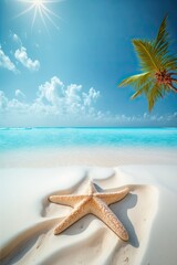 Fototapeta na wymiar Closeup of a Starfish on a Tropical White Sandy Beach with a Palm Tree in the Background (Generated with AI)