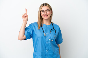 Young surgeon doctor woman isolated on white background pointing up a great idea