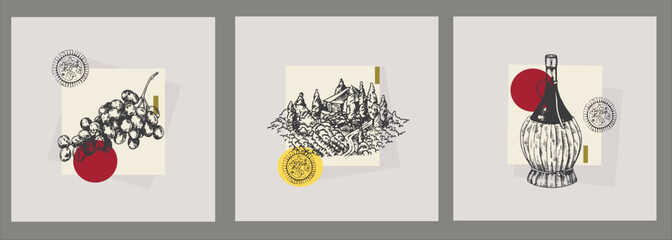 Vector sketch illustration of wine bottles, grapes, barrels, vineyards and more. For label, menu or packaging design.