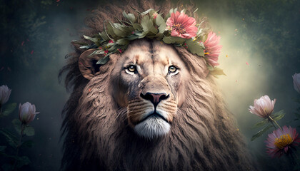 portrait of a lion wearing a flower crown, generative ai