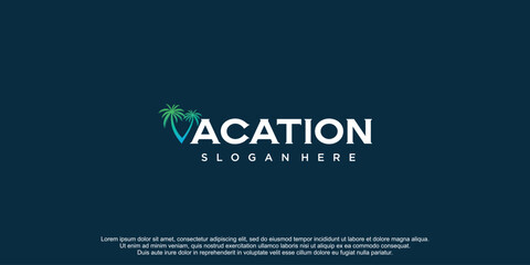 Vacation logo with palm element and unique style concept premium vector