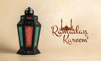 Ramadan Kareem Minimal Background Design, Ramadan and Eid Mubarak 2023 concept image, traditional lantern lamp with beige colour