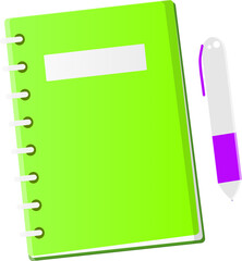 green notebook and ballpoint isolated 