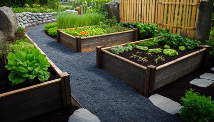 Community kitchen garden. Raised garden beds with plants in vegetable community garden generative ai