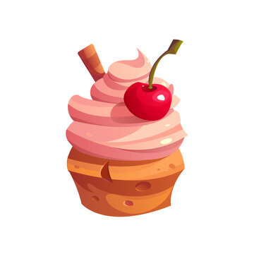 Cupcake with Cream and Cherry. Realistic Sweet dessert. Food icon. Vector Illustration in Cartoon Style.