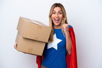 Super Hero delivery woman isolated on white background celebrating a victory in winner position