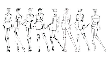 Set of young beautiful women in stylish clothes. Sale concept. Hand-drawn fashion illustration. Fashion sketch.