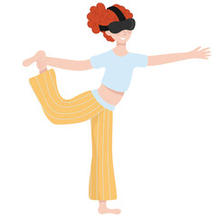 Woman wearing VR glasses for practices yoga and meditation at home. Virtual Reality Technology for mental and physical health. Flat vector illustration.