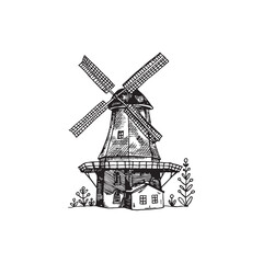 Windmill in a rural landscape, hand drawn, graphic style. Vector. © Alona