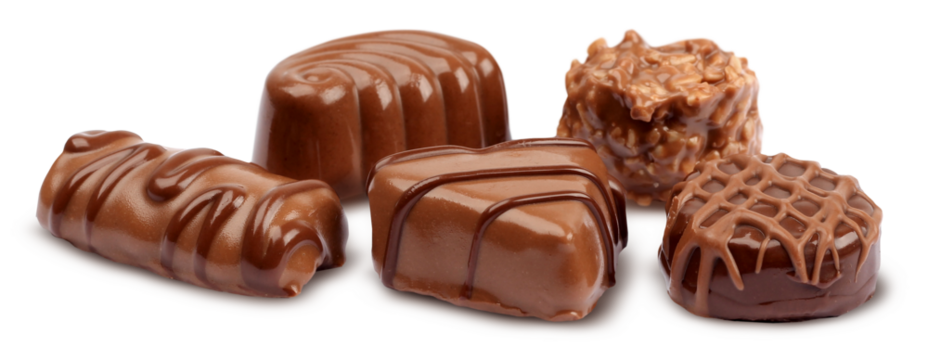 Delicious chocolate confection sweet fondants isolated, with minimum drop shadow