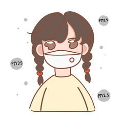 Woman wearing mask for protection PM2.5 in the high air pollution area. PNG transparent, hand drawing cartoon.